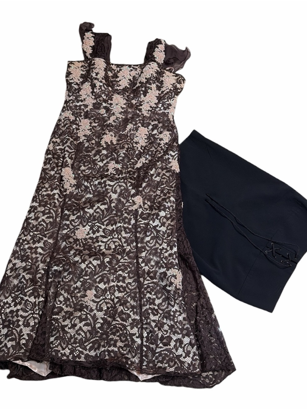 Terani Couture Brown Lace Midi Dress with Blush Floral Embroidery